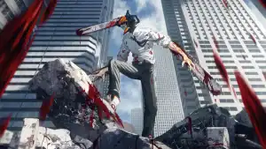 Una figura con máscara de pájaro y brazo cortado, en una ciudad destruida, con un chainsaw ensangrentado y asombroso estilo de anime.
